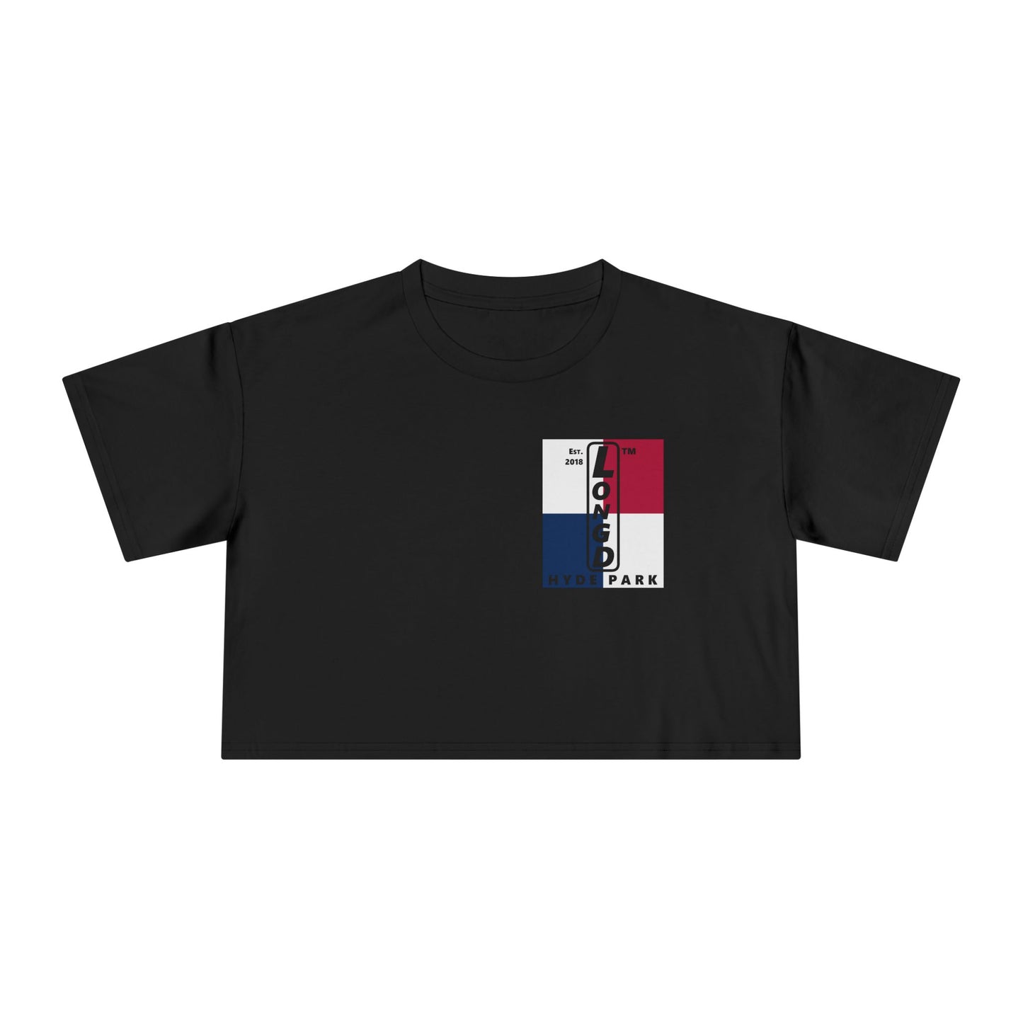 Negative quarters upright single-breasted Hyde Park logo crop tee (Patriotic colors)