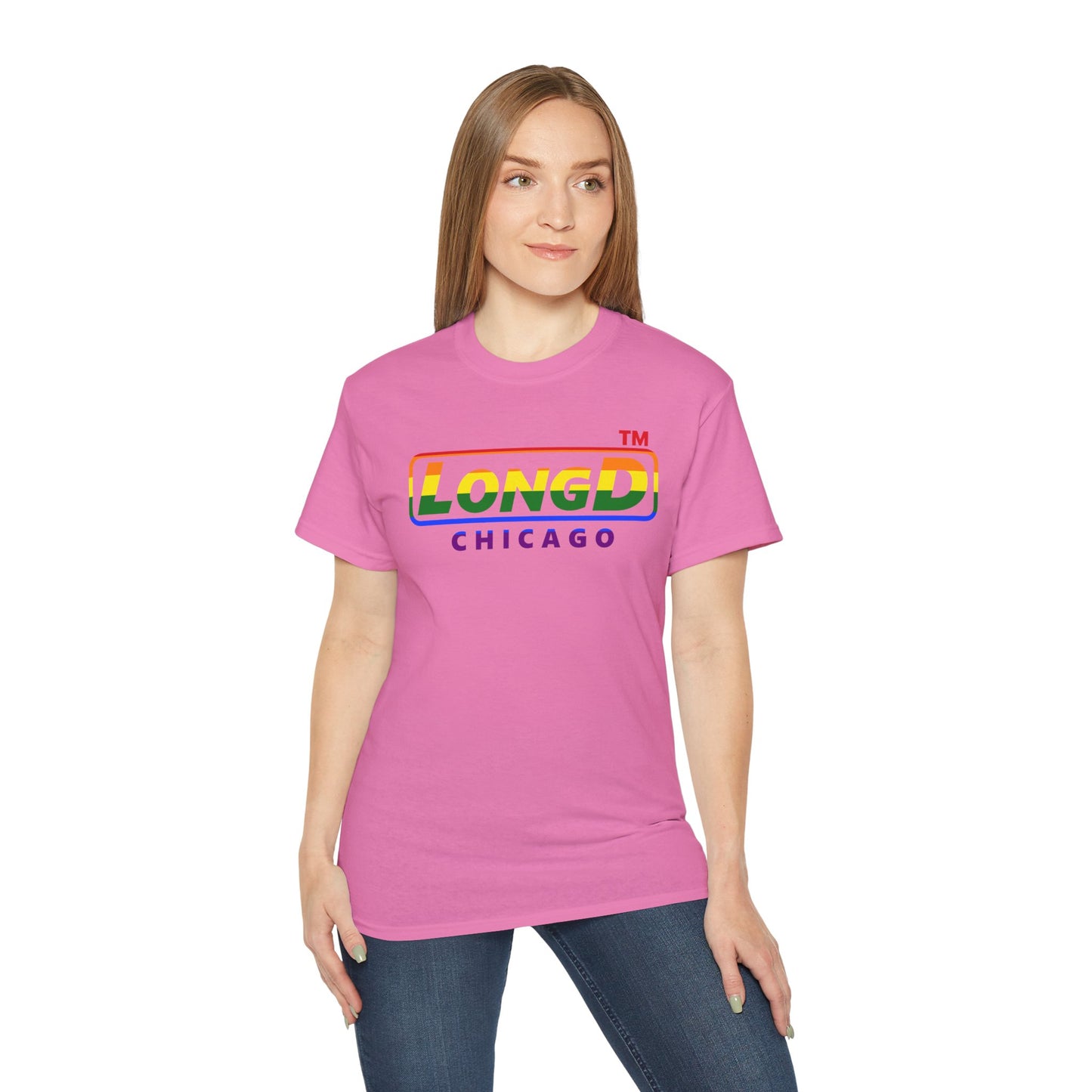 LongD positive vertical striped front-back Chicago logo cotton tee (Pride colors)