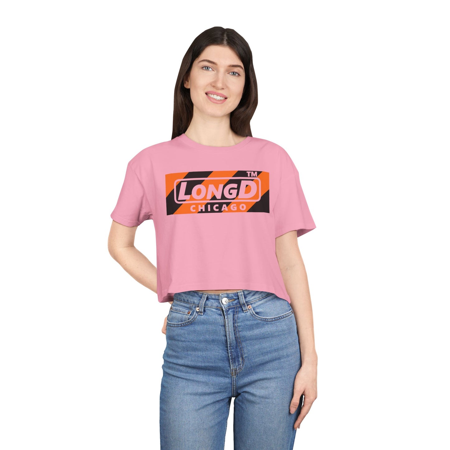 LongD Chicago negative diagonal 6-striped front-back logo (Halloween colors) crop tee