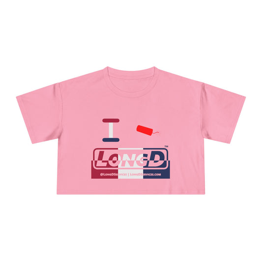 I Firecracker LongD Logo Women's Crop Tee Red, White & Blue positive-negative split thirds