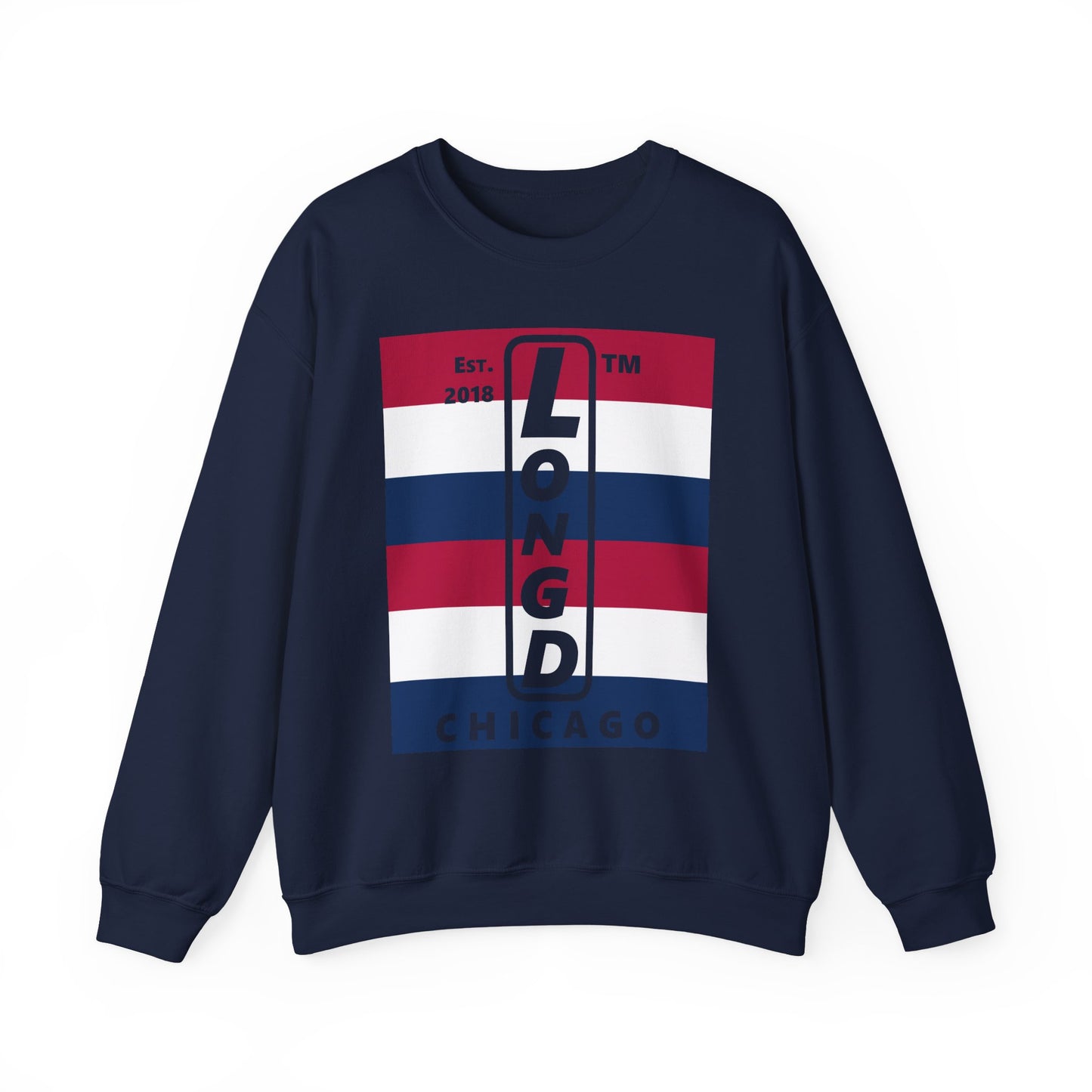 LongD negative horizontal 6-striped Chicago logo crewneck sweatshirt (patriotic colors)