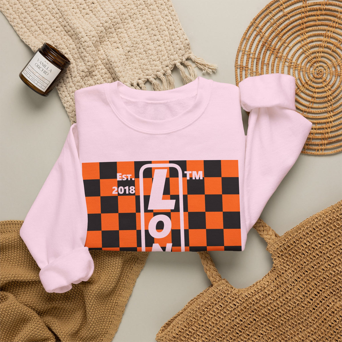 LongD Hyde Park negative upright checkered logo (Halloween colors) crewneck sweatshirt
