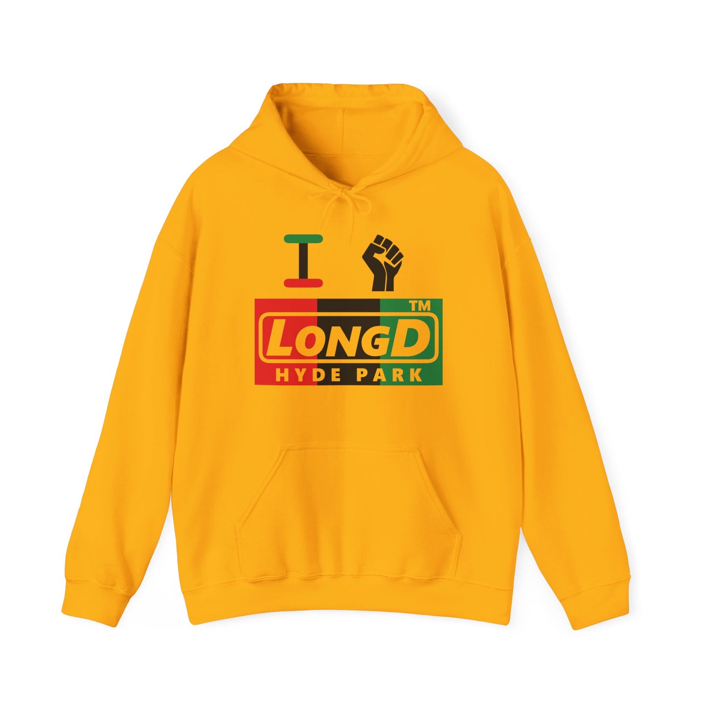 I fist LongD® negative vertical 3-striped Hyde Park logo Hoodie (Juneteenth colors)