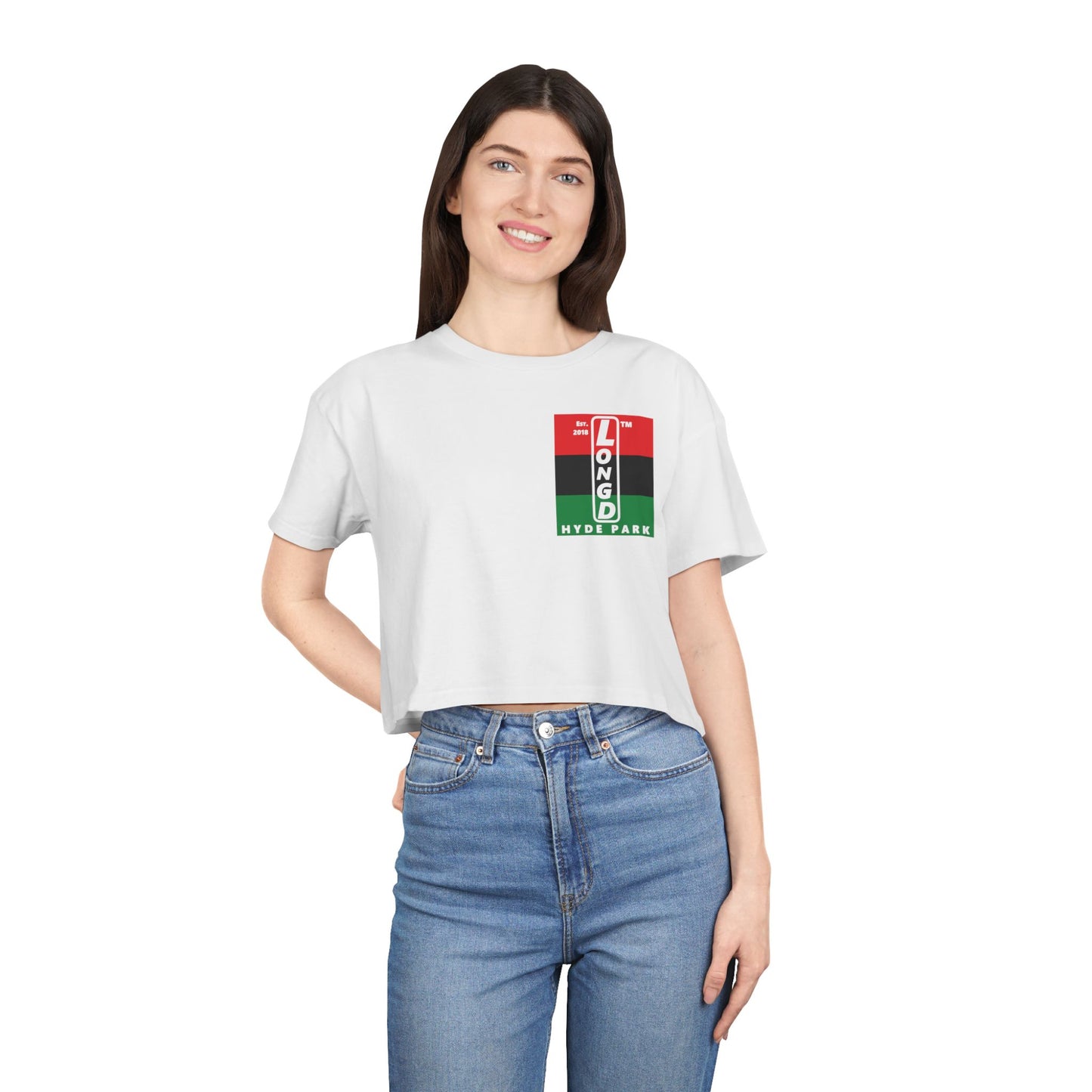 Negative horizontal 3-striped upright single-breasted Hyde Park logo crop tee (Juneteenth colors)