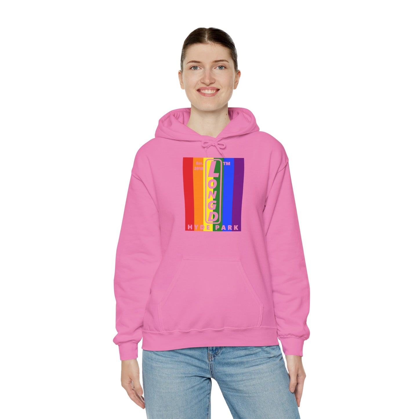 LongD® negative vertical 6-striped upright Hyde Park logo hoodie (Pride colors)