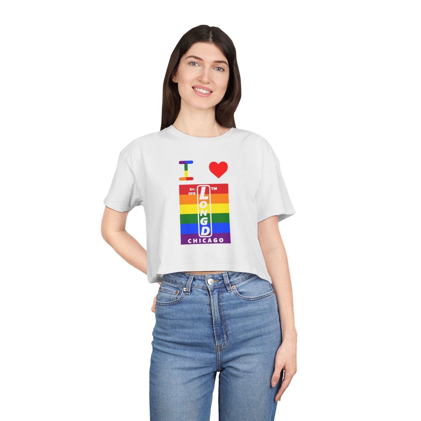 I Luv LongD Mixed horizontal 6-striped upright front-back Chicago logo crop tee (Pride colors)