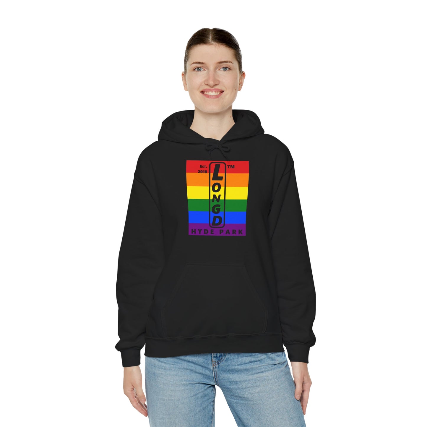 LongD® negative horizontal 6-striped upright Hyde Park logo hoodie (Pride colors)