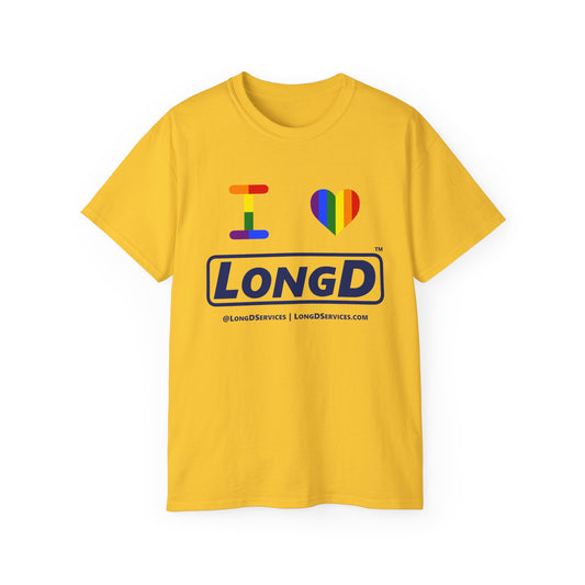 I Luv LongD® Official Logo Cotton Tee Pride rainbow heart and positive text logo