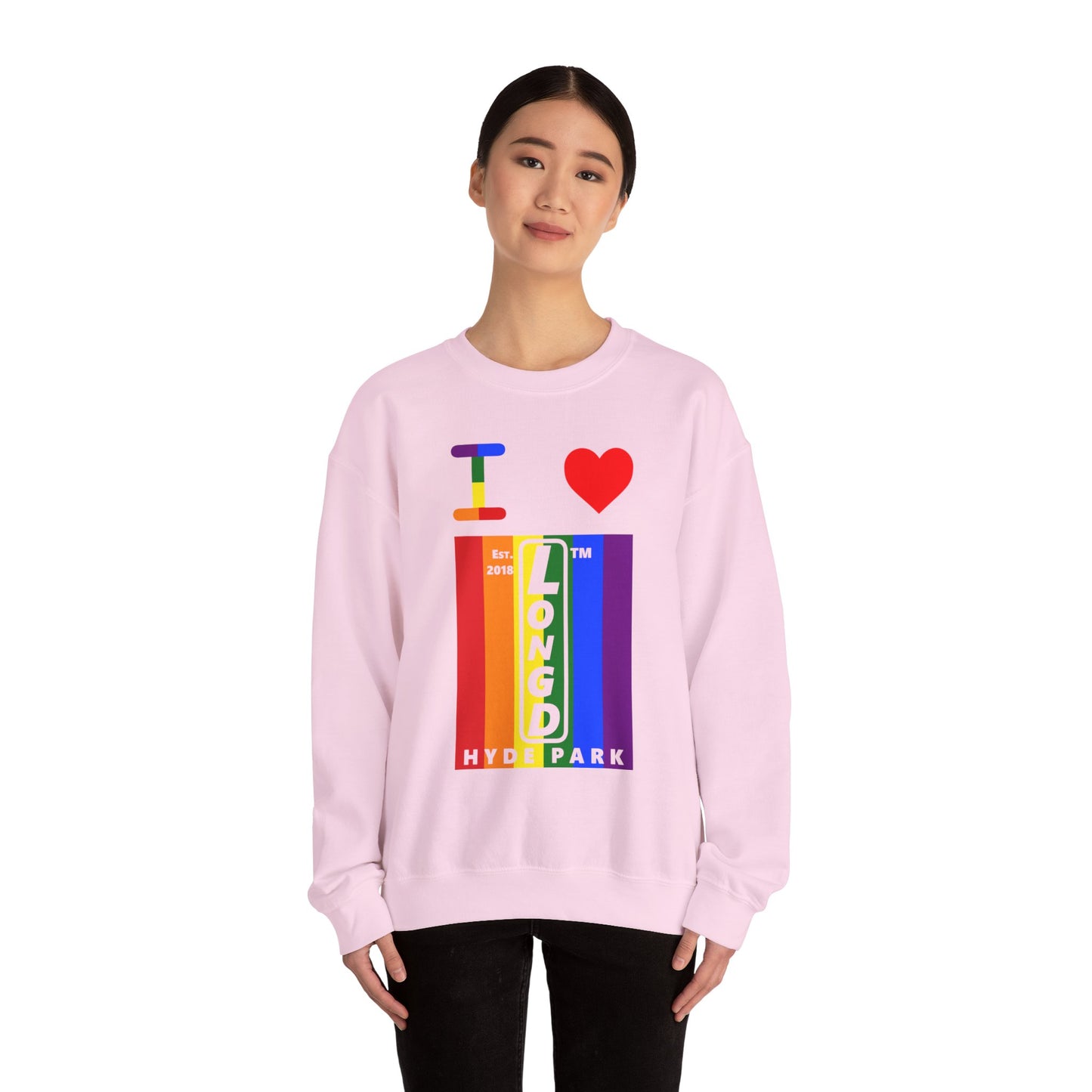 I Luv LongD negative vertical 6-striped Hyde Park upright logo crewneck sweatshirt