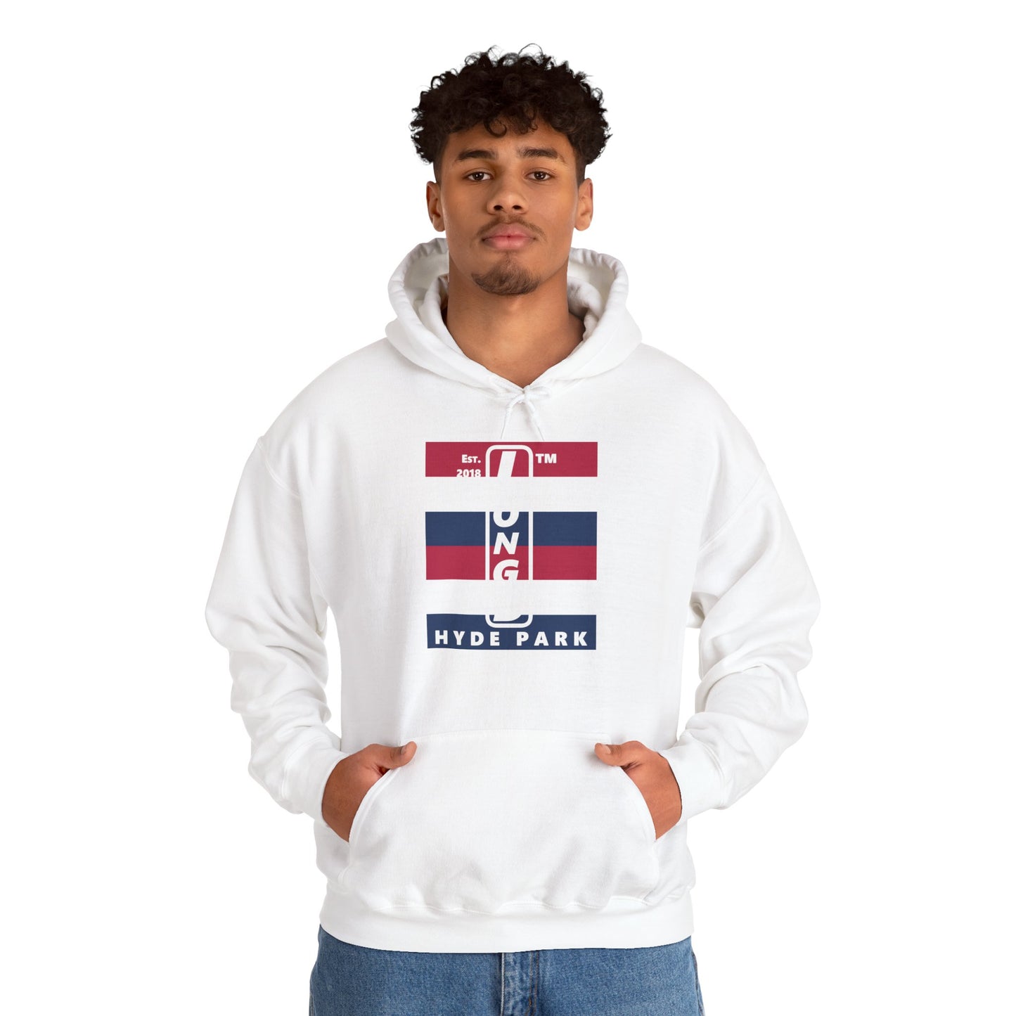 LongD® negative horizontal 6-striped upright Hyde Park logo hoodie (Patriotic colors)