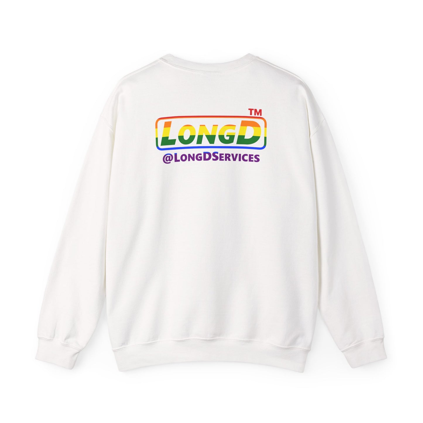 I Luv LongD positive horizontal striped front-back Hyde Park logo crewneck sweatshirt (Pride colors)