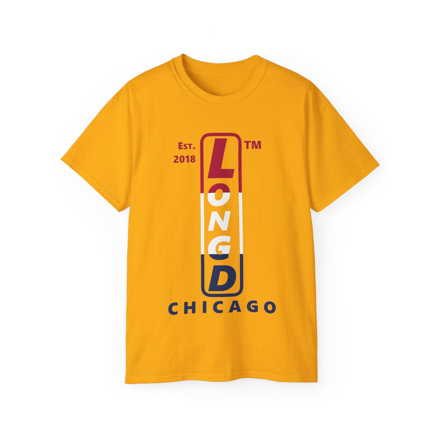 LongD cotton tee positive horizontal 3-striped Chicago upright logo (Patriotic colors)