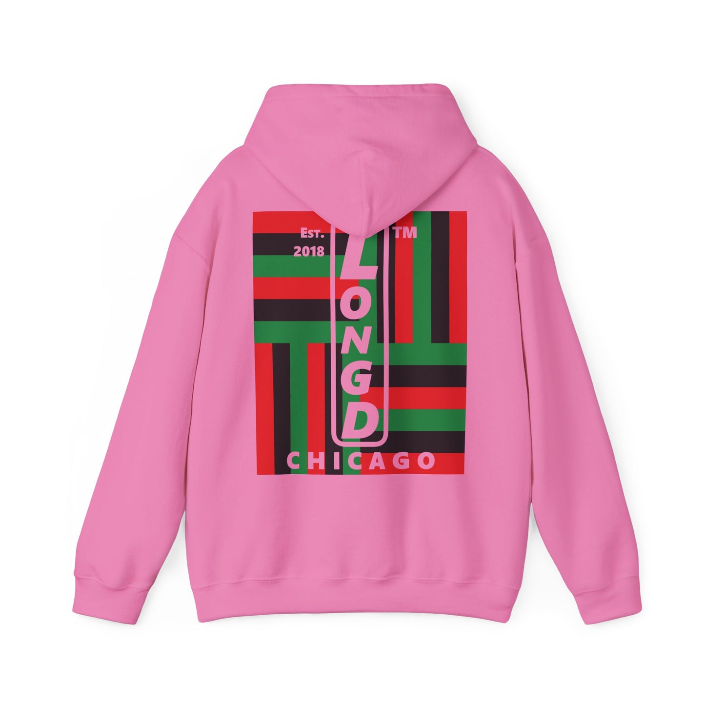 LongD single-breasted negative windmill front-back upright Chicago logo hoodie (Juneteenth colors)