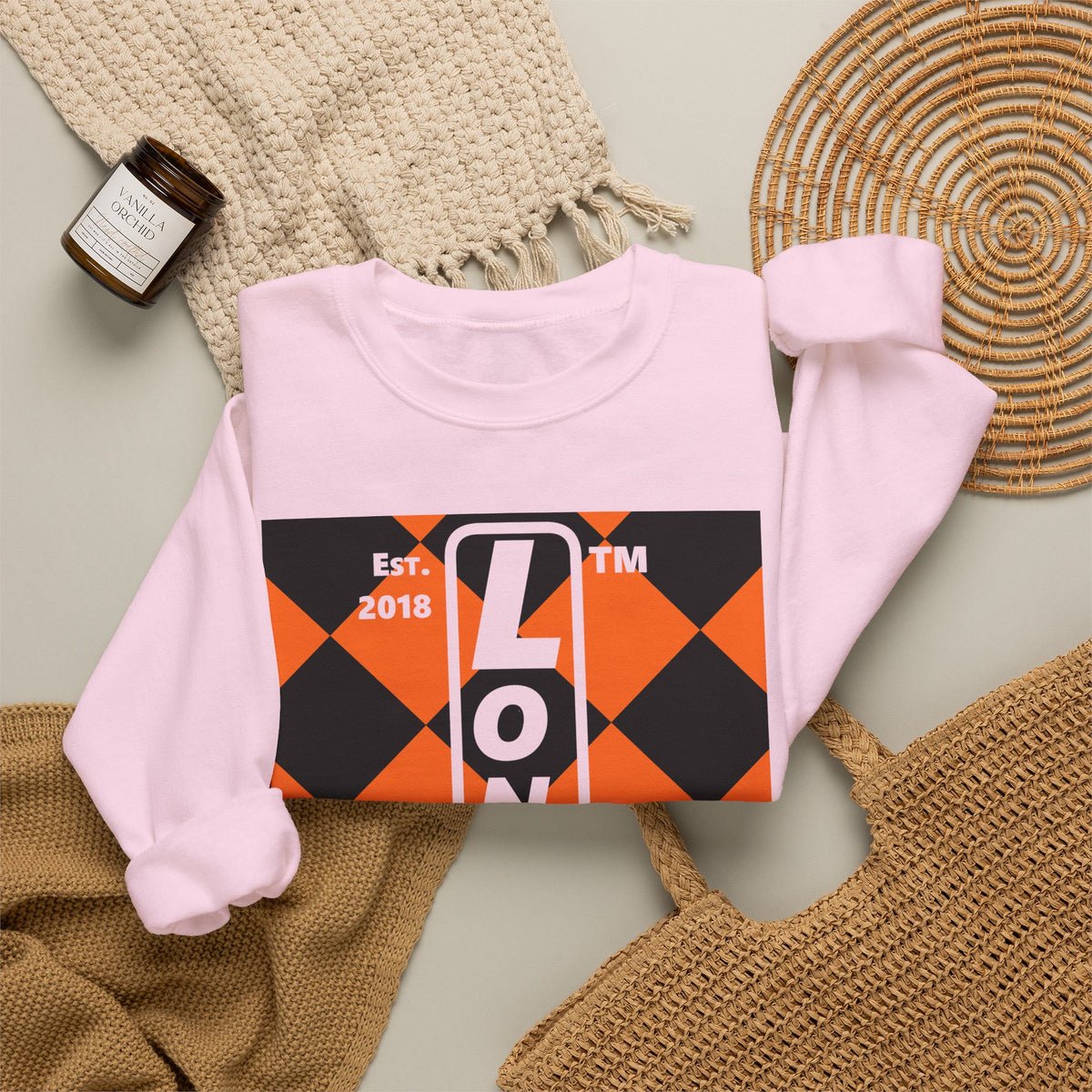 LongD Hyde Park negative upright argyle logo (Halloween colors) crewneck sweatshirt