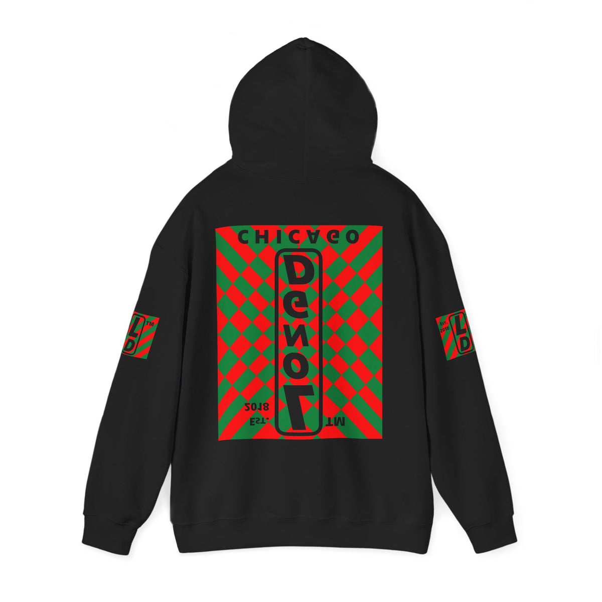 LongD Chicago negative upright stylized argyle 4-print logo (Xmas colors) hoodie