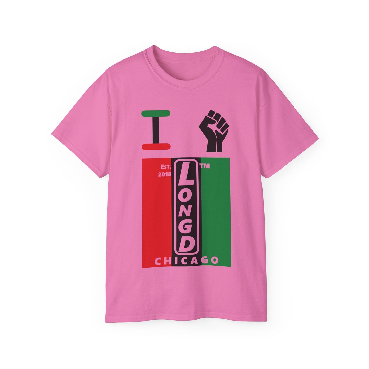 I fist LongD Cotton Tee negative vertical striped Chicago upright logo (Juneteenth colors)