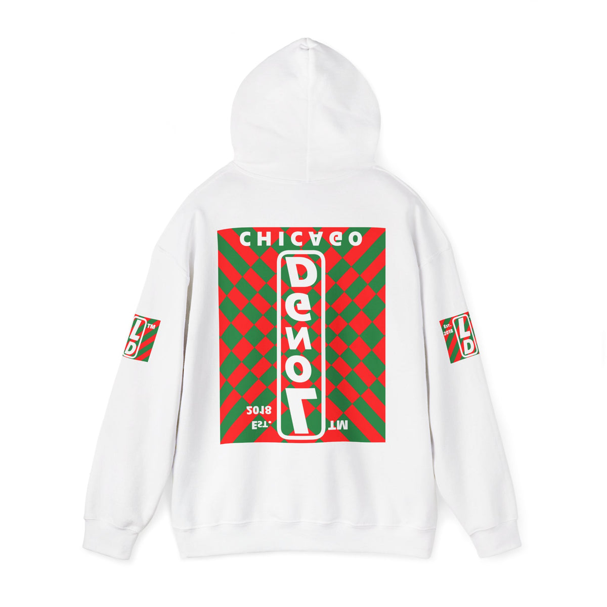 LongD Chicago negative upright stylized argyle 4-print logo (Xmas colors) hoodie