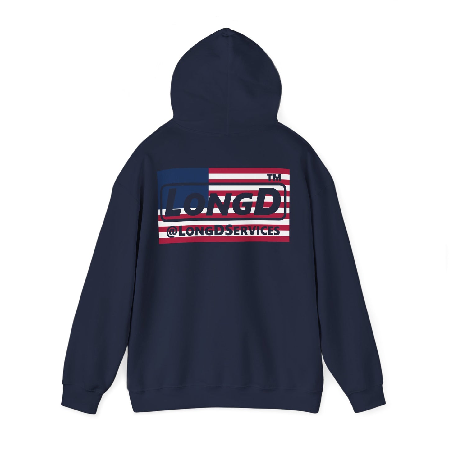 I firecracker LongD® negative flag front-back double breasted Chicago logo hoodie