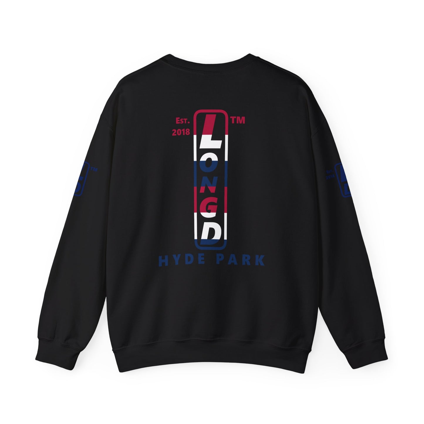 I Burst LongD positive horizontal 6-striped Hyde Park upright 4-print logo crewneck sweatshirt