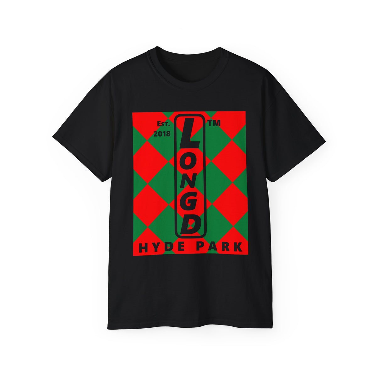 LongD Hyde Park negative upright argyle logo (Xmas colors) cotton tee