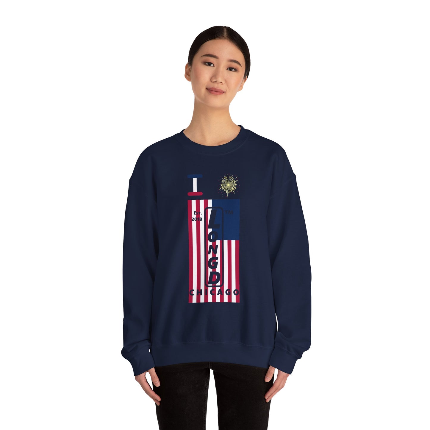 I Burst LongD negative flag Chicago upright logo crewneck sweatshirt