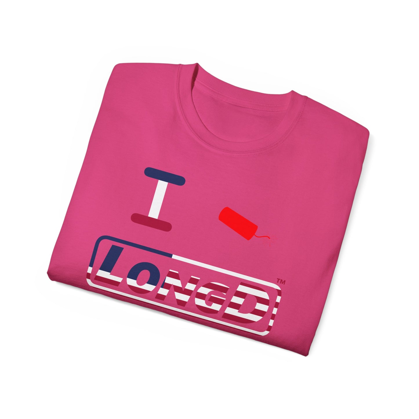 I Firecracker LongD® Logo Cotton Tee Red, White and Blue positive flag