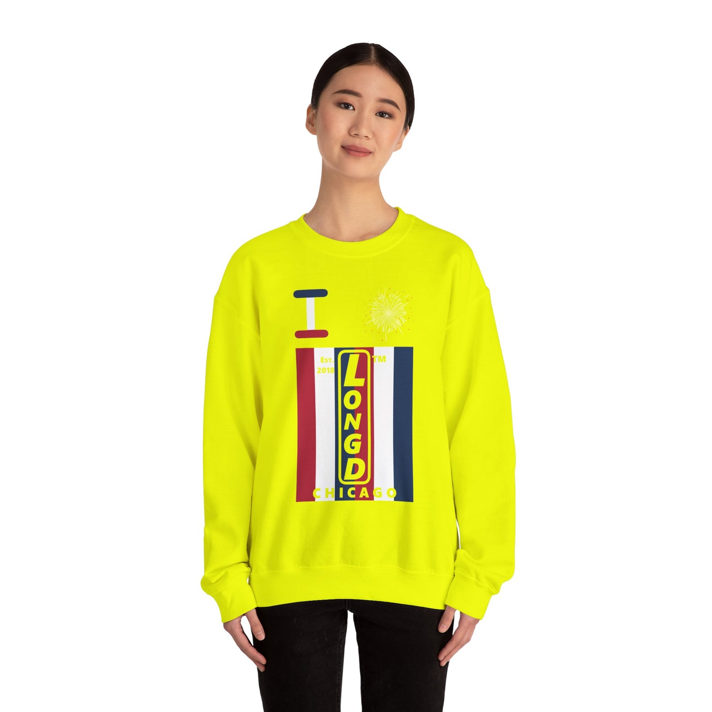 I Burst LongD negative vertical 6-striped Chicago upright logo crewneck sweatshirt