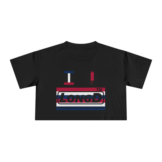 I firecracker LongD negative horizontal 6-striped tag-domain Logo Crop Tee (Patriotic colors)