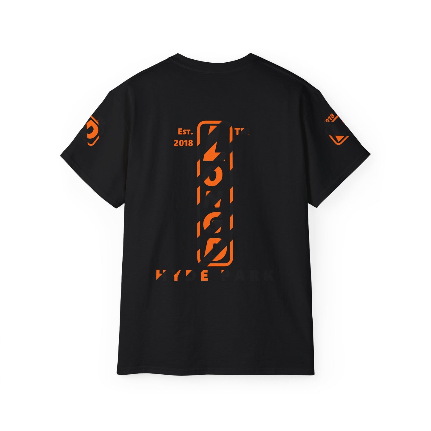 LongD Hyde Park positive upright pixel-weighted 12-striped 4-print logo (Halloween colors) cotton tee