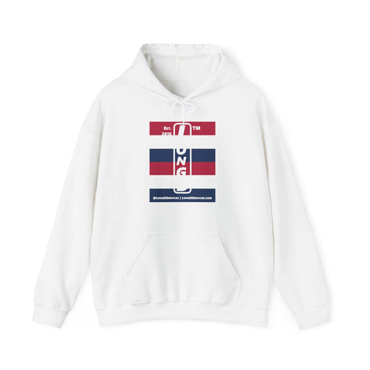LongD® negative horizontal 6-striped upright tag-domain logo hoodie (Patriotic colors)