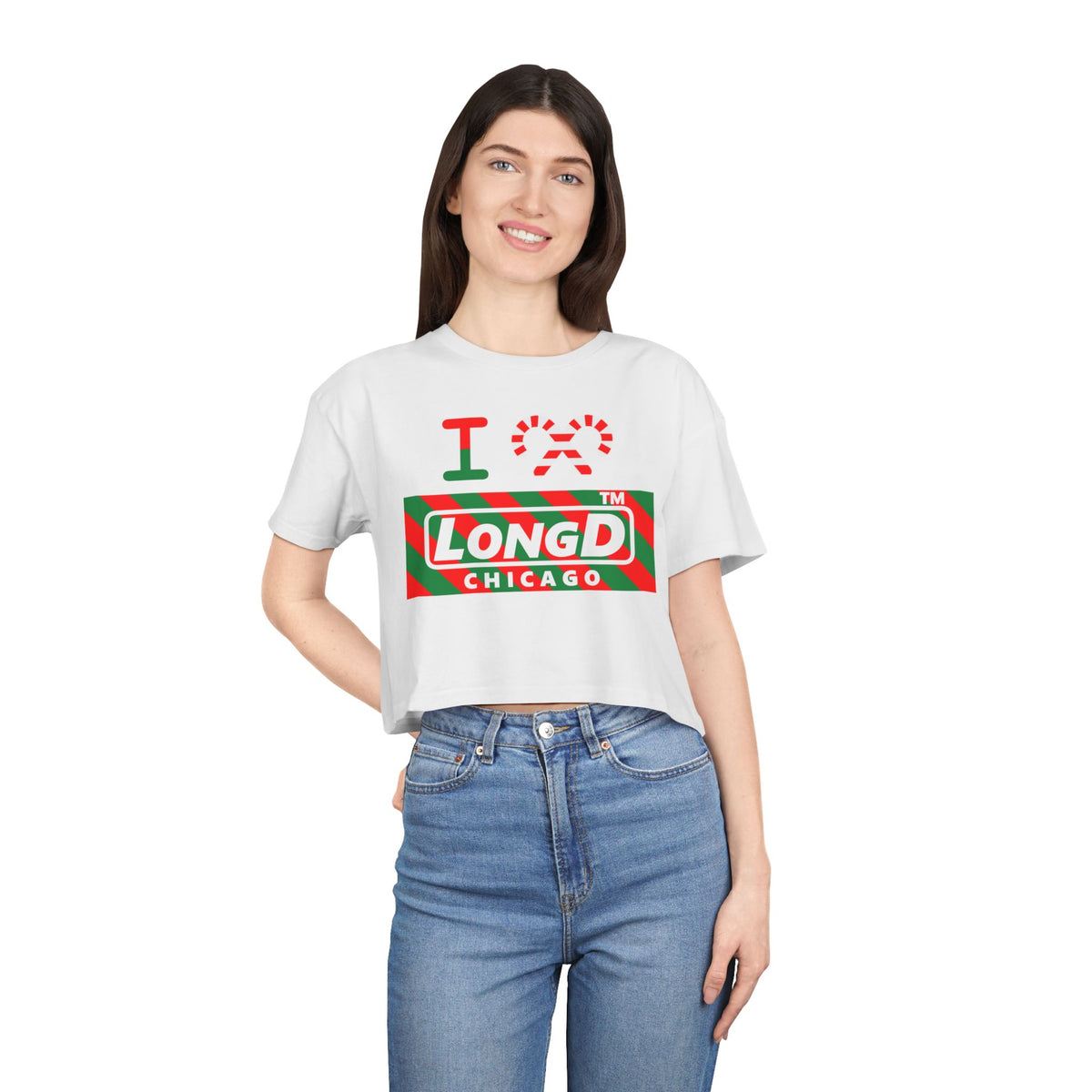 I candy cane LongD Chicago negative 12-striped logo crop tee