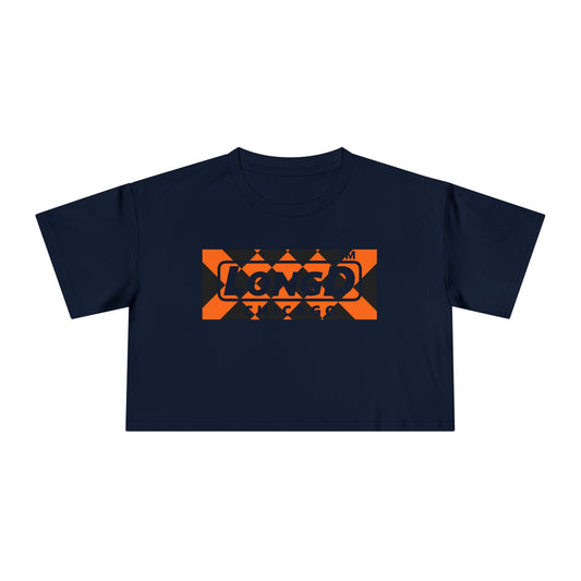 LongD Chicago negative stylized argyle logo (Halloween colors) crop tee