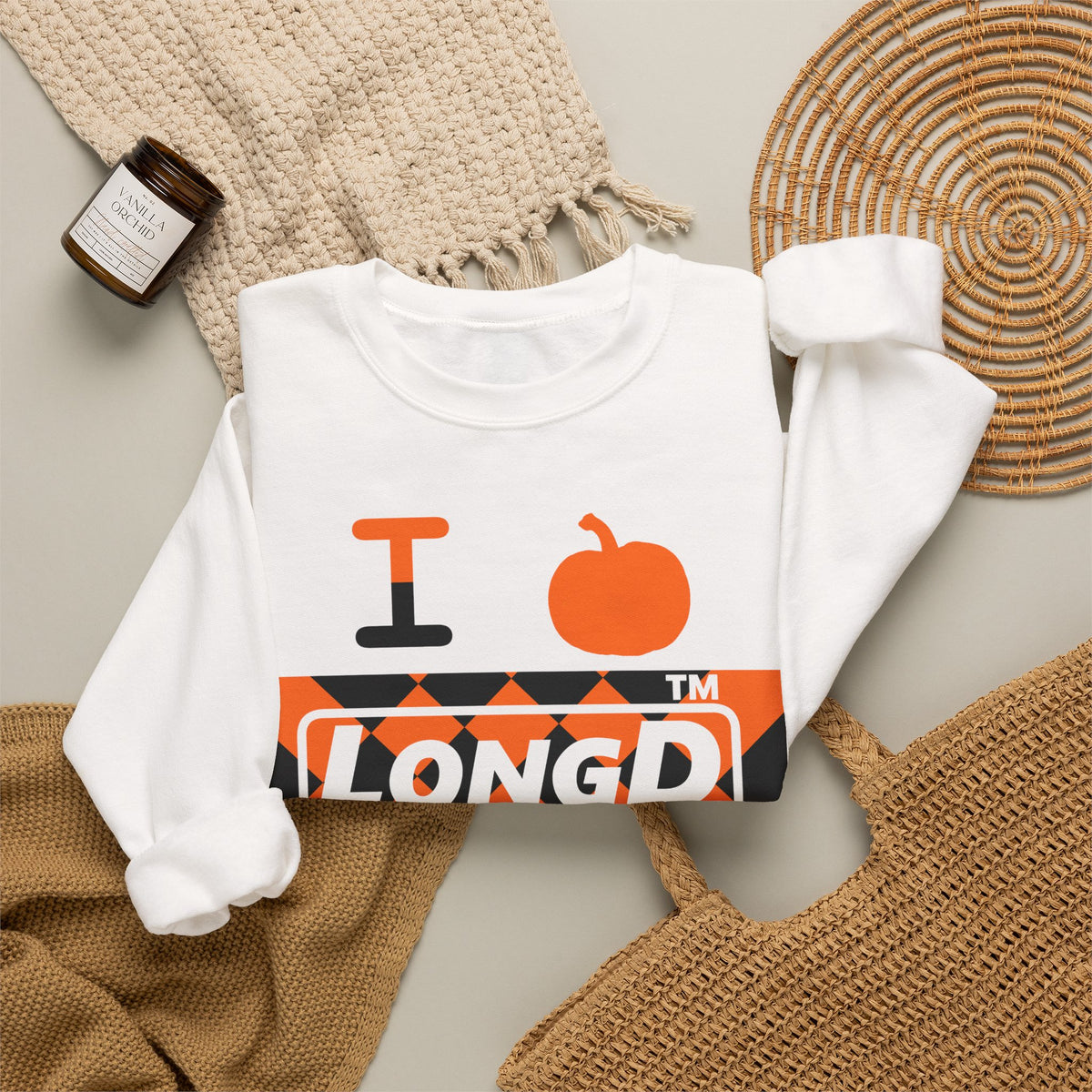 I pumpkin LongD Chicago negative stylized argyle 4-print logo crewneck sweatshirt