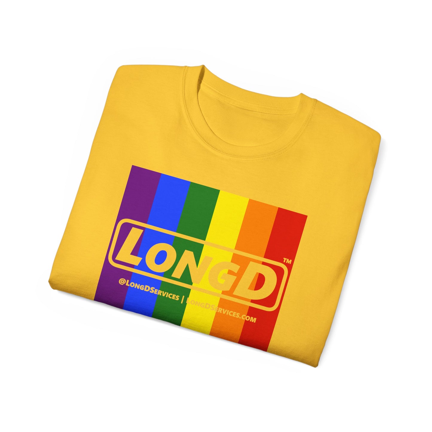 LongD® Logo Cotton Tee Pride rainbow vertical flag negative text