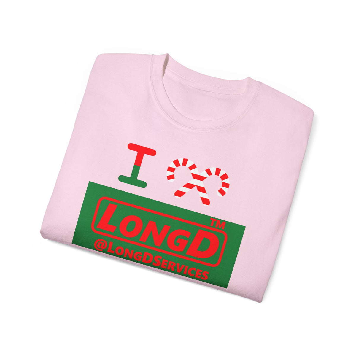 I candy cane LongD Tag logo positive red on negative green cotton tee