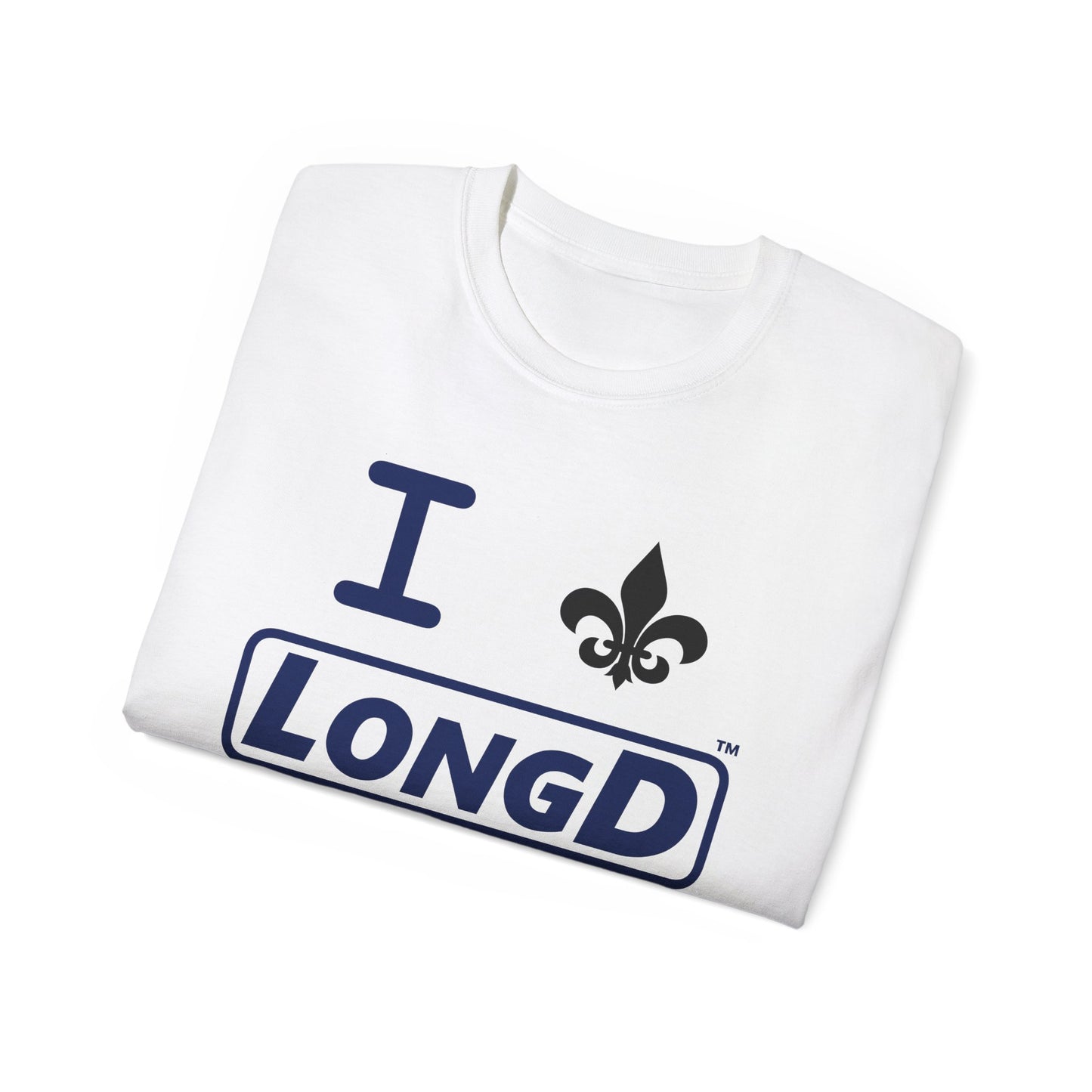 I Fleur LongD® Logo Cotton Tee (blue text & black fleur de lis)