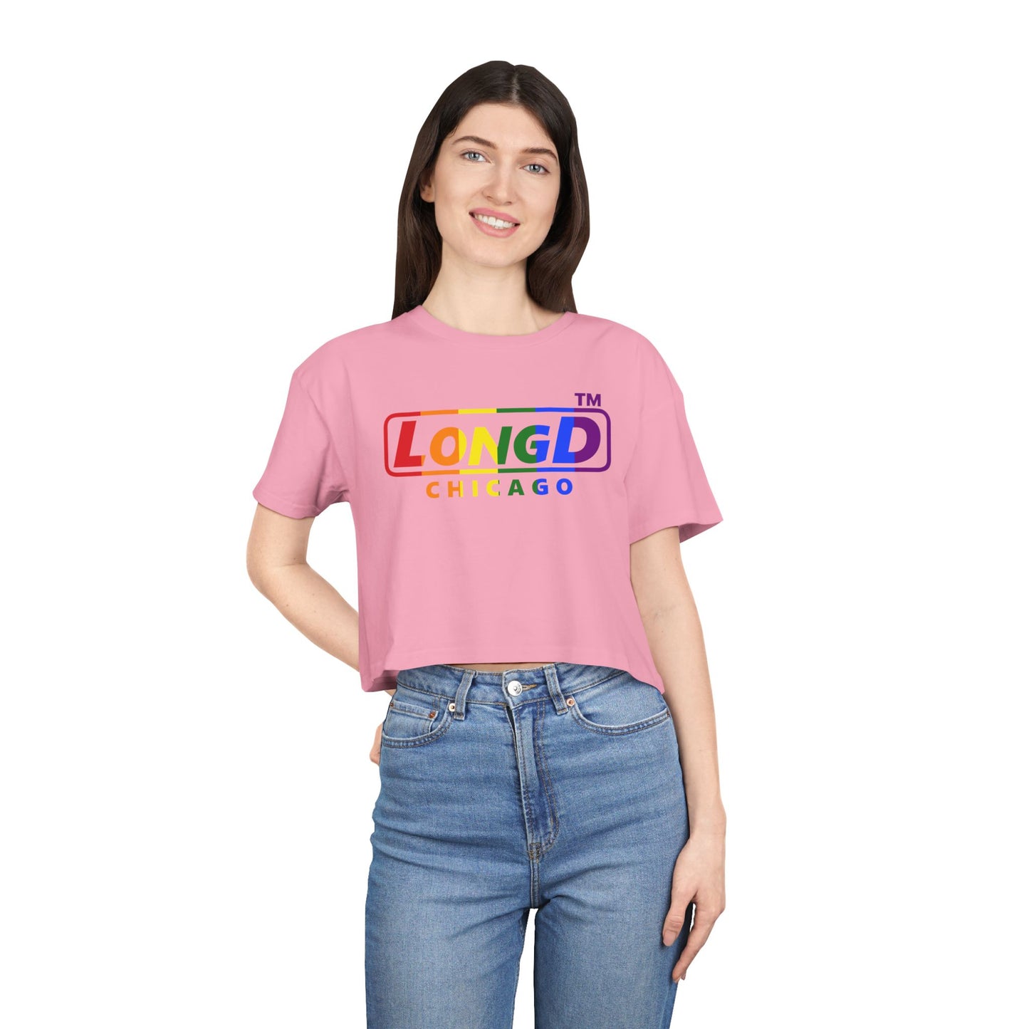 LongD positive vertical 6-striped Chicago logo crop tee (Pride colors)