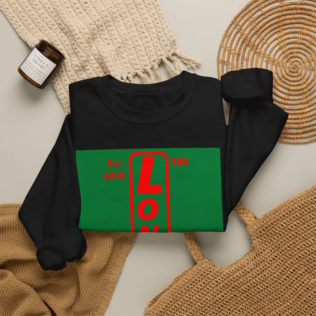 LongD Chicago upright logo positive red on negative green (Xmas colors) crewneck sweatshirt