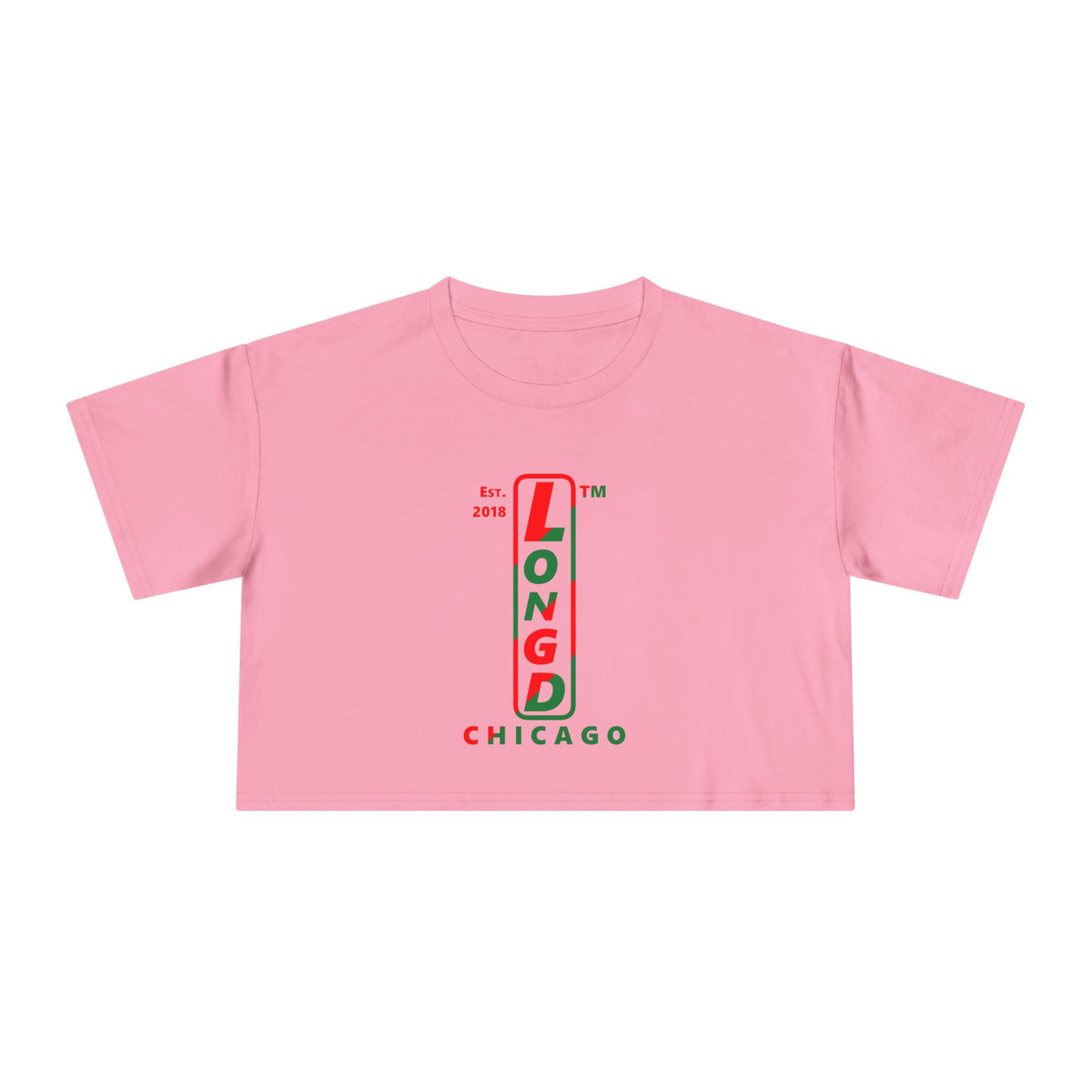 LongD Chicago positive upright pixel-weighted 4-striped logo (Xmas colors) crop tee