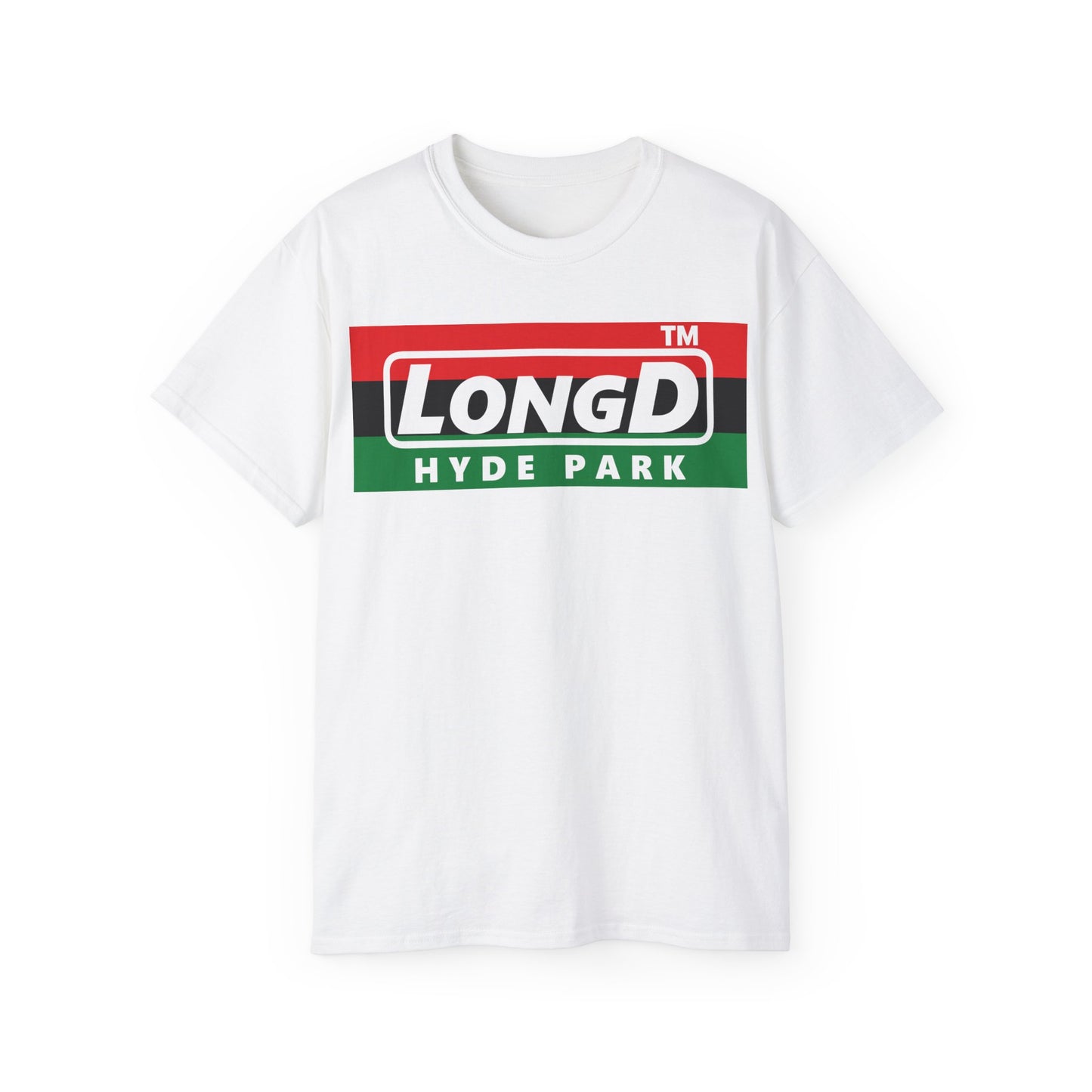 LongD negative horizontal 3-striped Hyde Park logo cotton tee (Juneteenth colors)