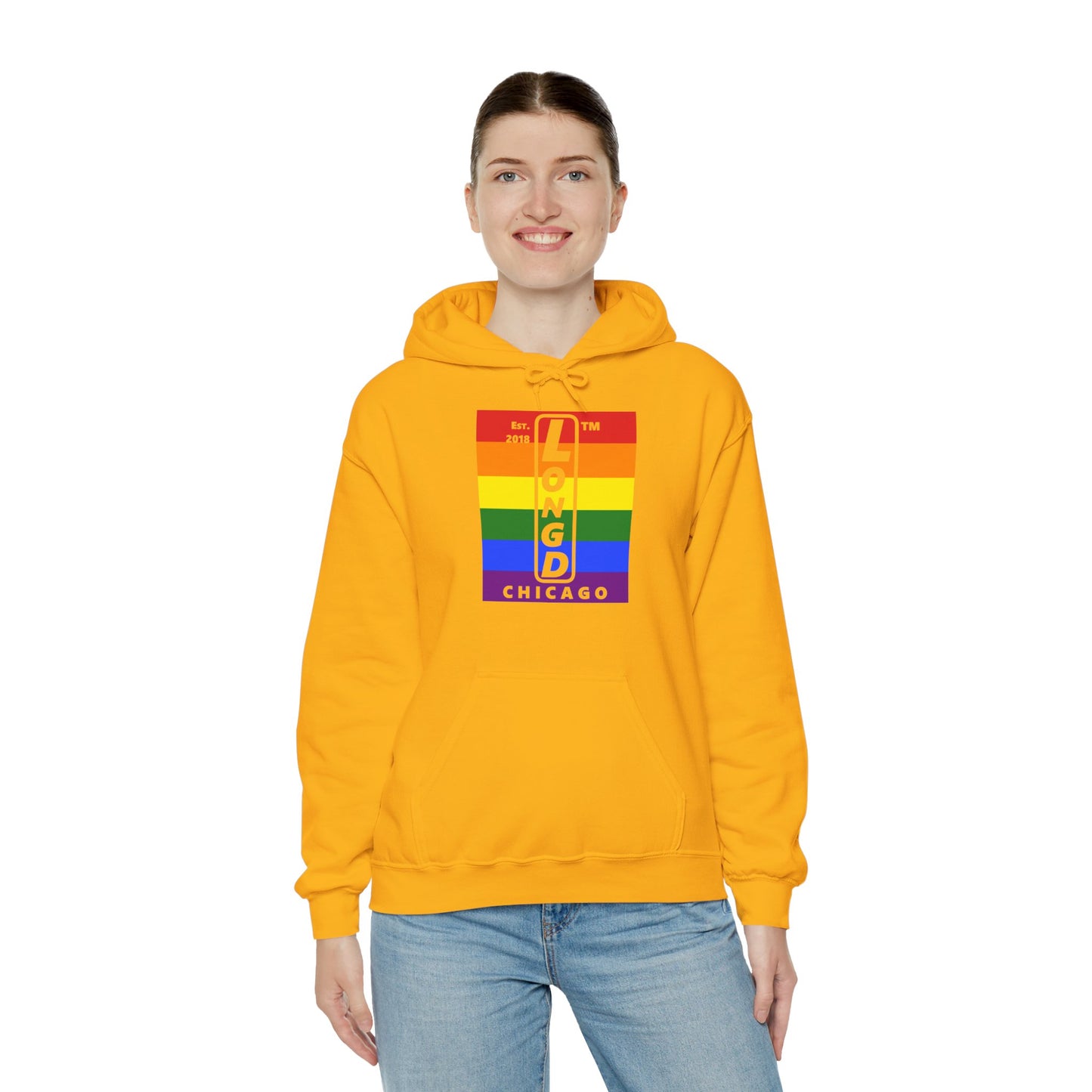 LongD® negative horizontal 6-striped upright Chicago logo hoodie (Pride colors)