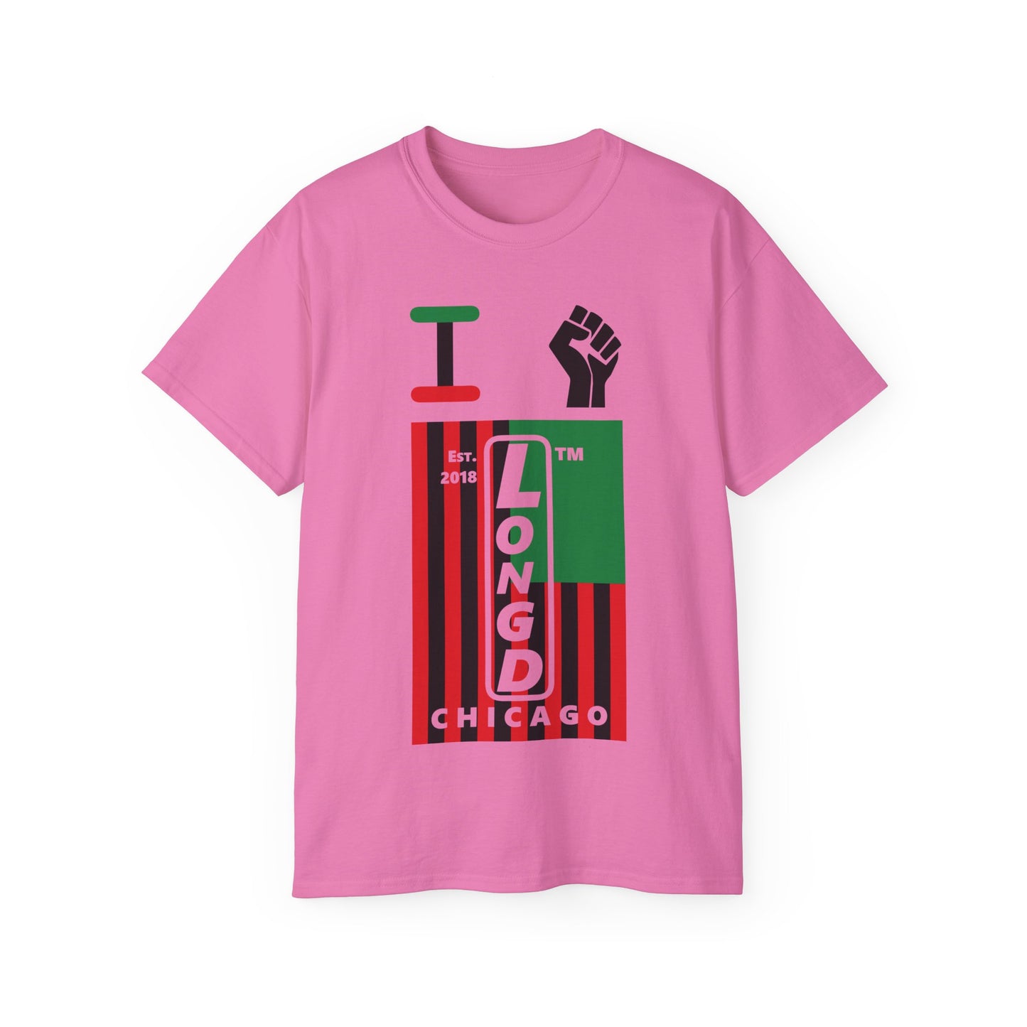 I fist LongD Cotton Tee negative flag Chicago upright logo (Juneteenth colors)