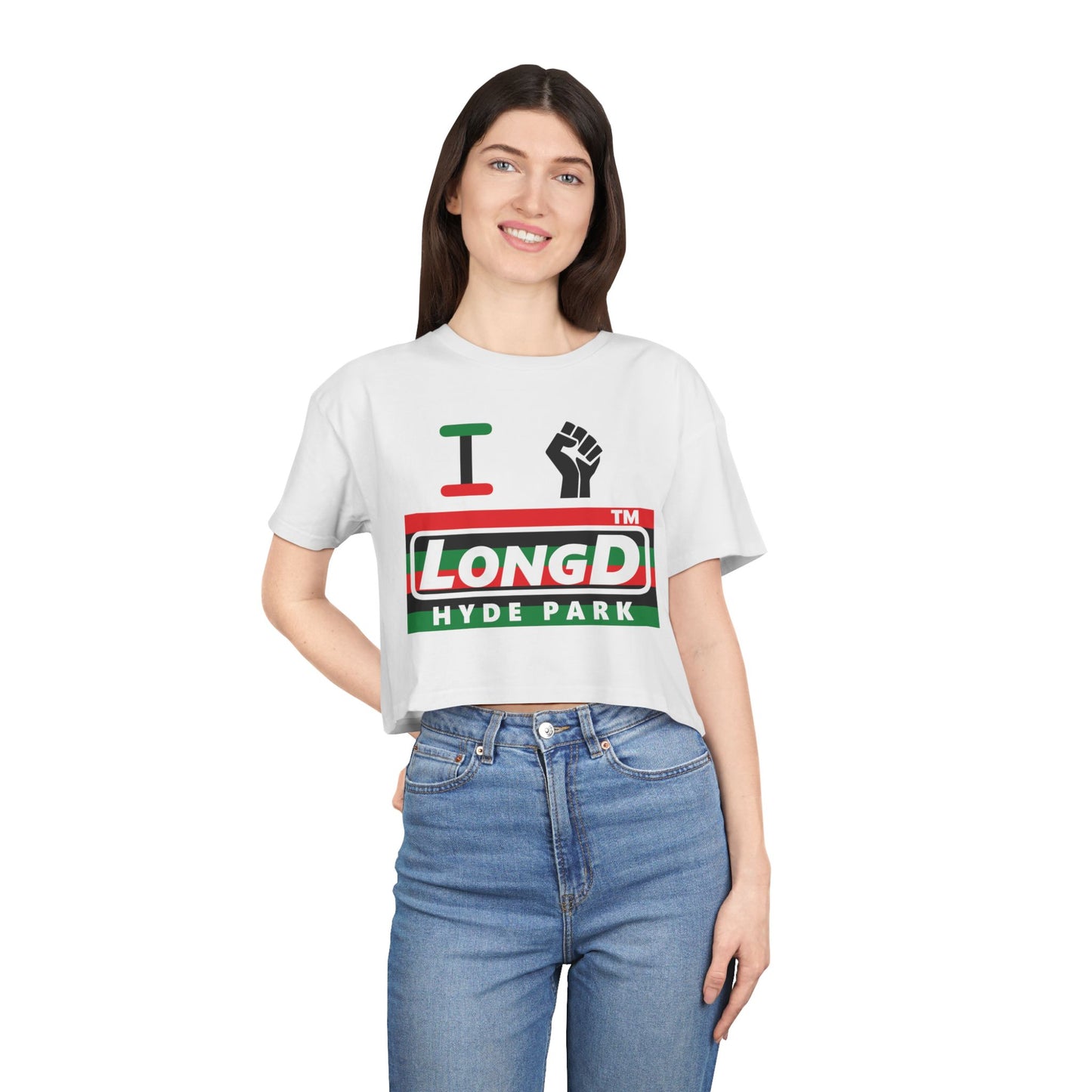 I fist LongD negative horizontal 6-striped Hyde Park logo crop tee