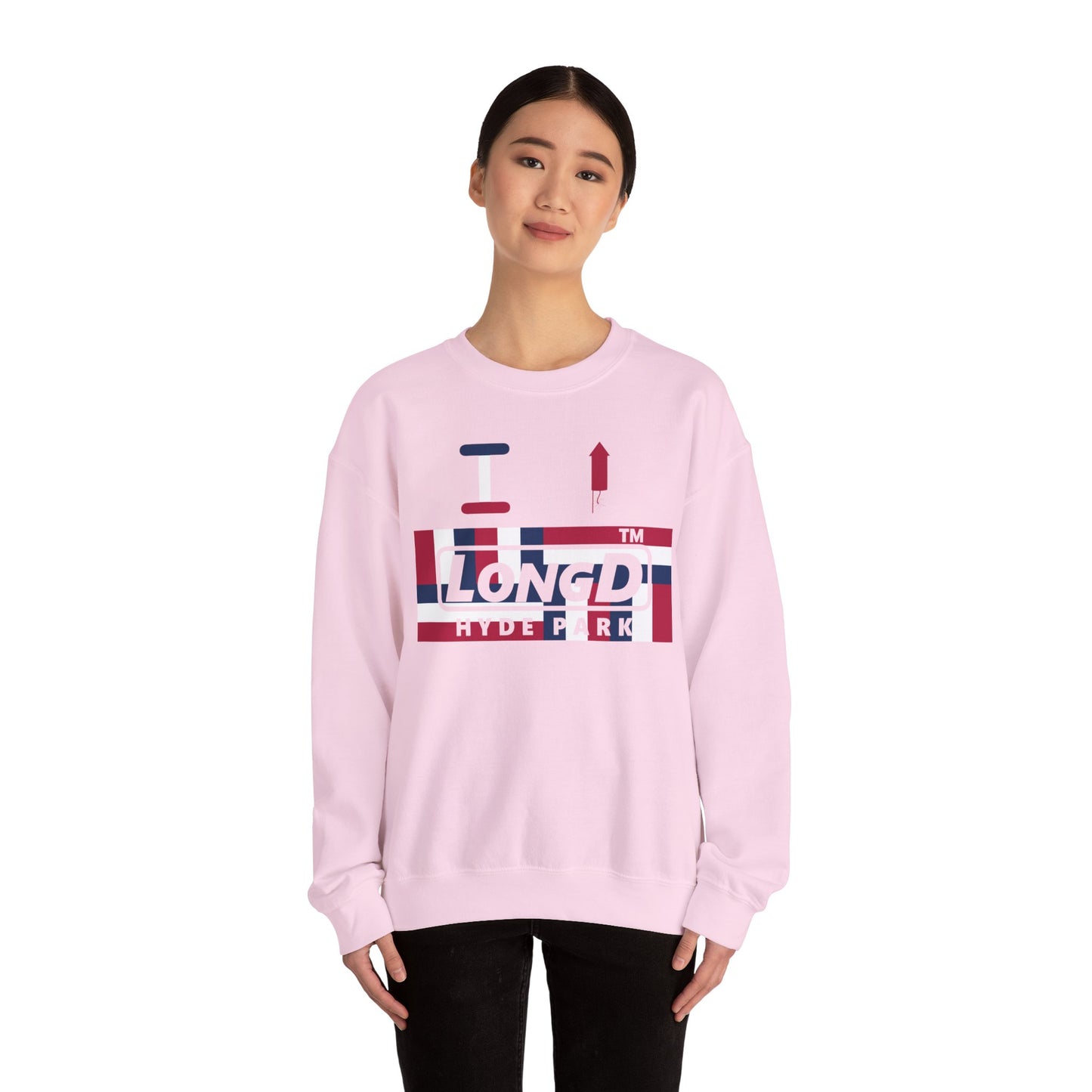 I firecracker LongD negative modified windmill Hyde Park logo crewneck sweatshirt