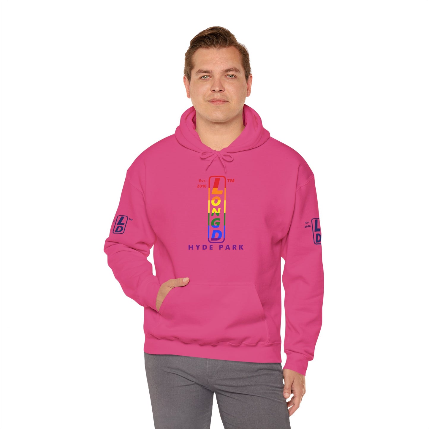LongD® positive horizontal 6-striped Hyde Park 4-print upright logo hoodie (Pride colors)