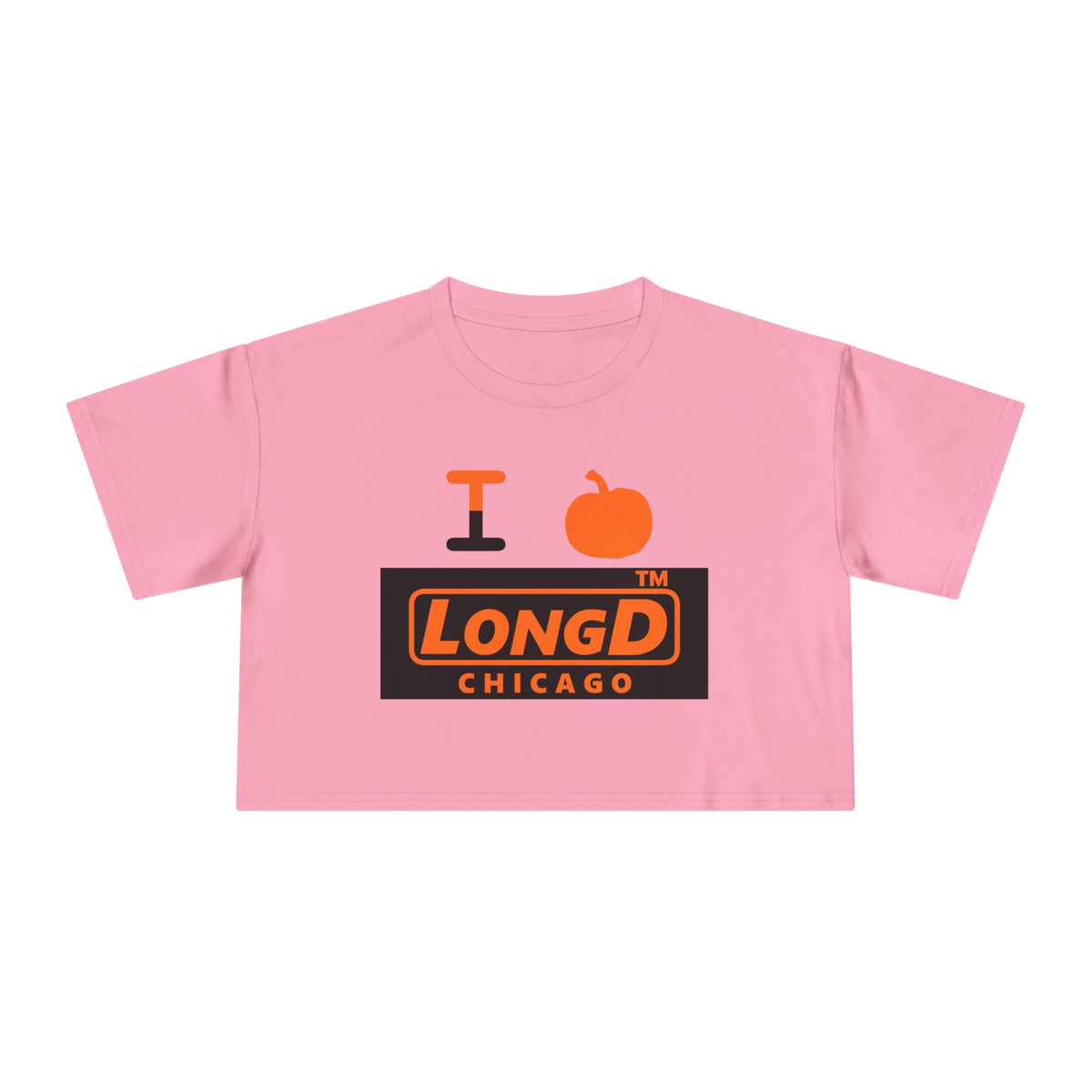 I pumpkin LongD Chicago logo positive orange on negative black crop tee