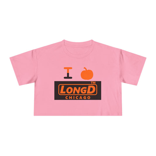 I pumpkin LongD Chicago logo positive orange on negative black crop tee