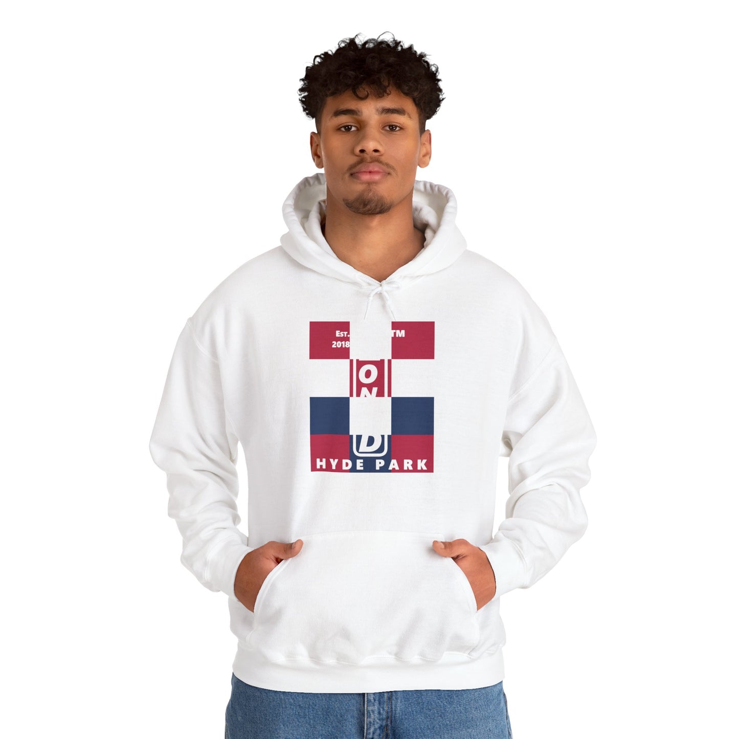 LongD® negative 4x3 upright Hyde Park logo hoodie (Patriotic colors)