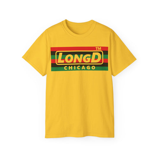 LongD negative horizontal 6-striped Chicago logo cotton tee (Juneteenth colors)