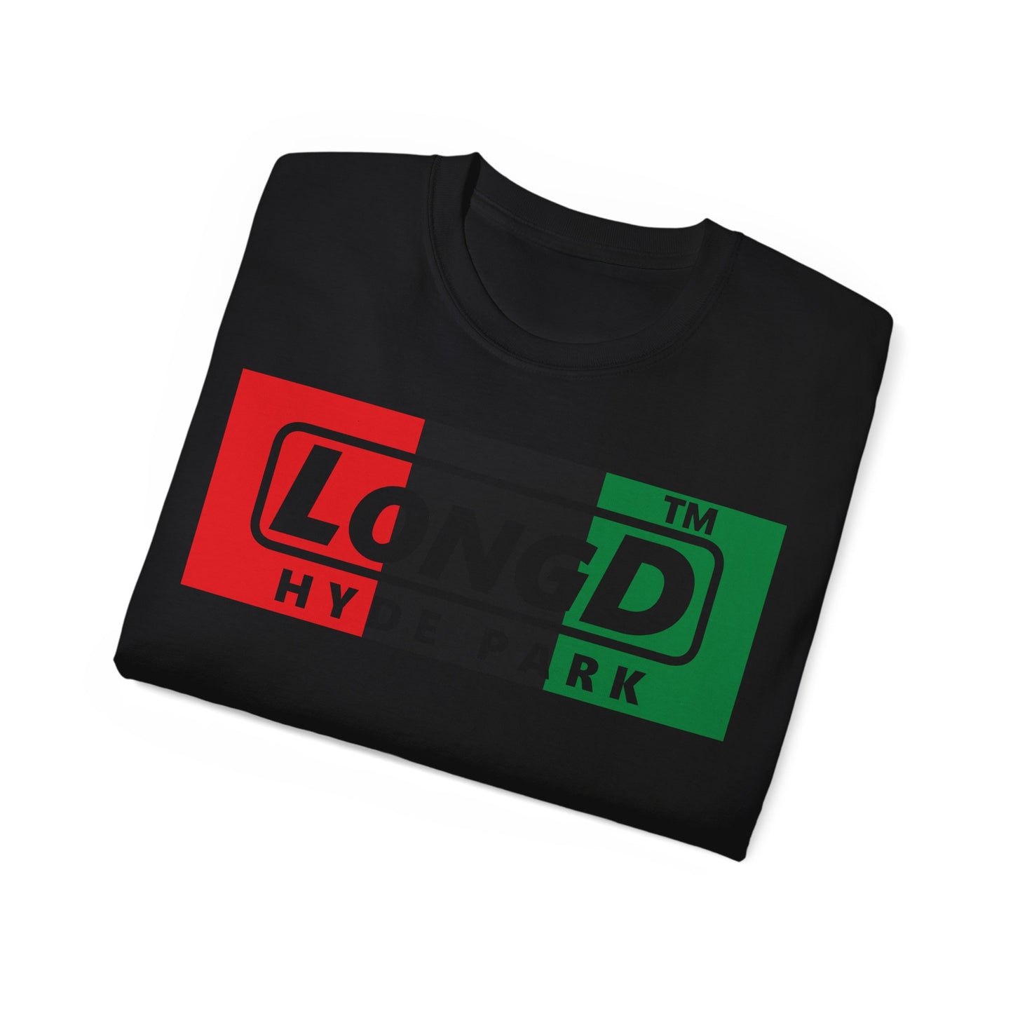 LongD negative vertical 3-striped Hyde Park logo cotton tee (Juneteenth colors)